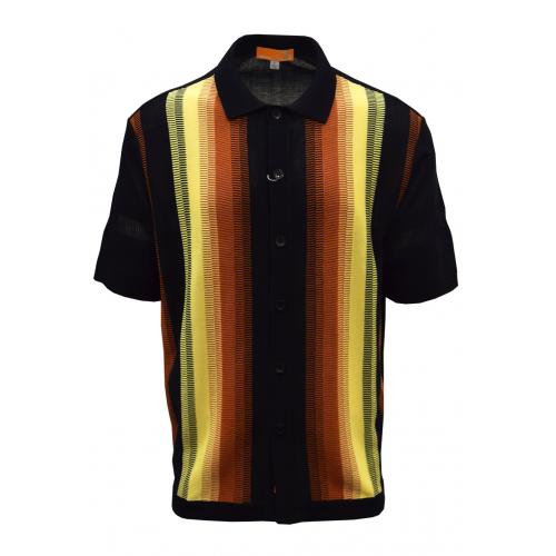 Silversilk Black / Rust / Straw Yellow Button Up Knitted Short Sleeve Shirt 6108
